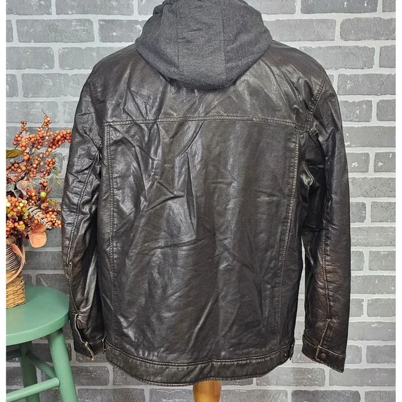 Levi's Men's Faux Leather Sherpa Hoodie‎ Jacket XXL Brown Distressed Grunge Moto